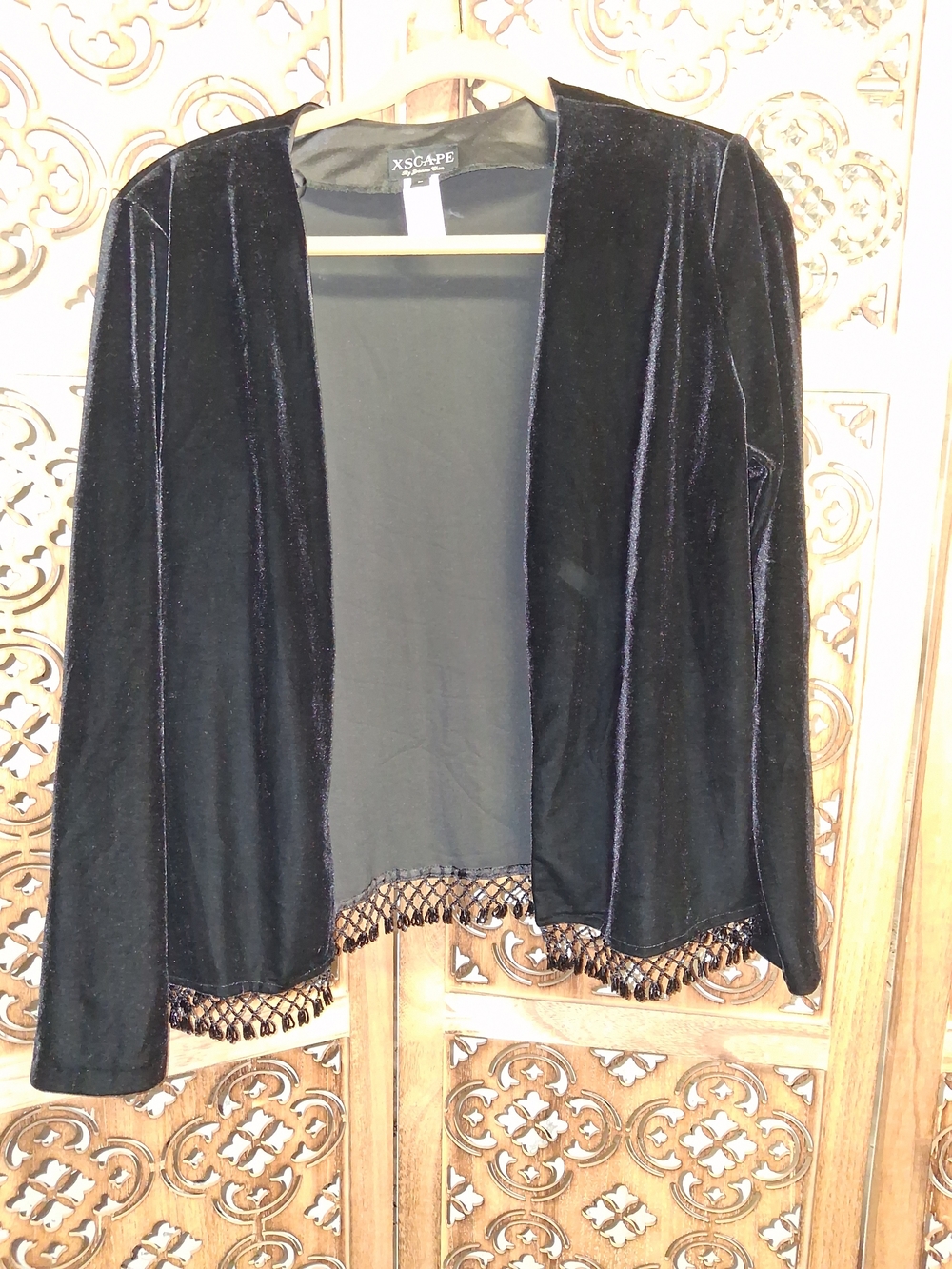 Xscape Black Velvet Open-Front Cardigan with Beaded Fringe Trim